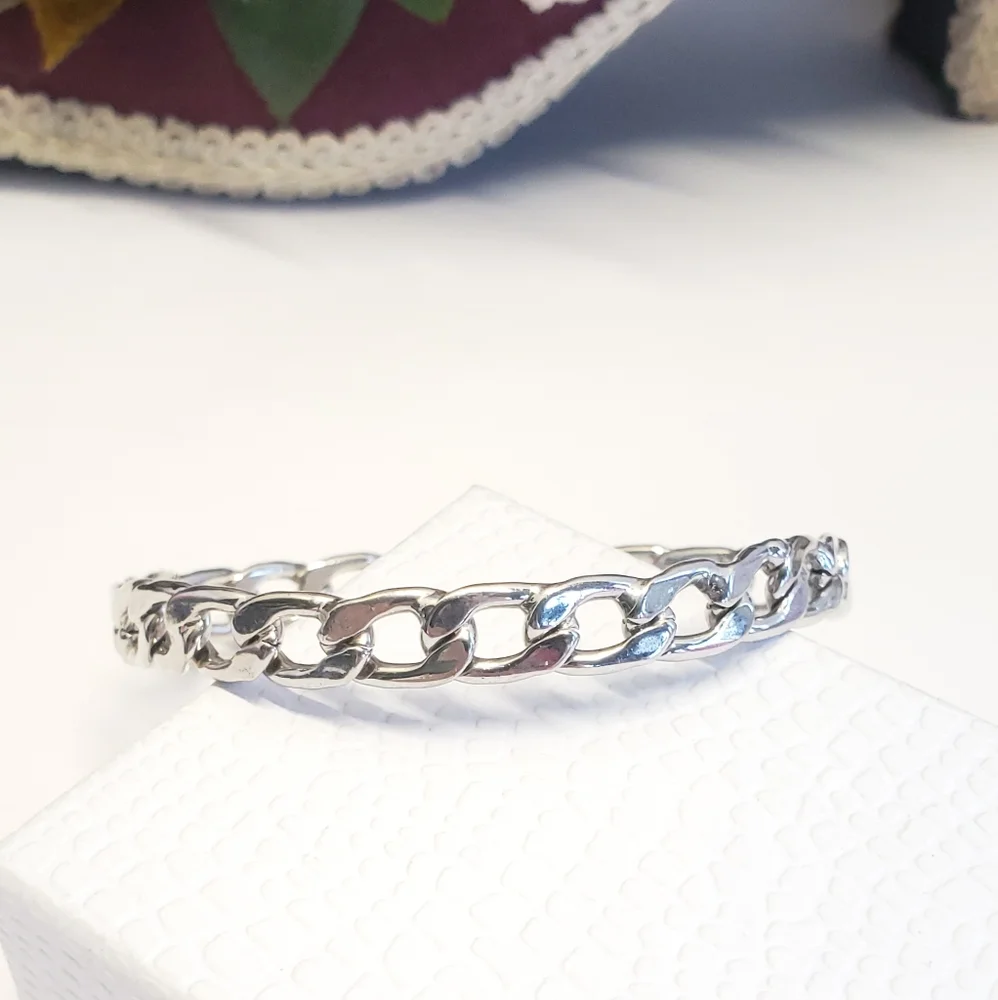 Silver Plated Curb Chain Link Bangle Bracelet Classic Style Chain Bangle